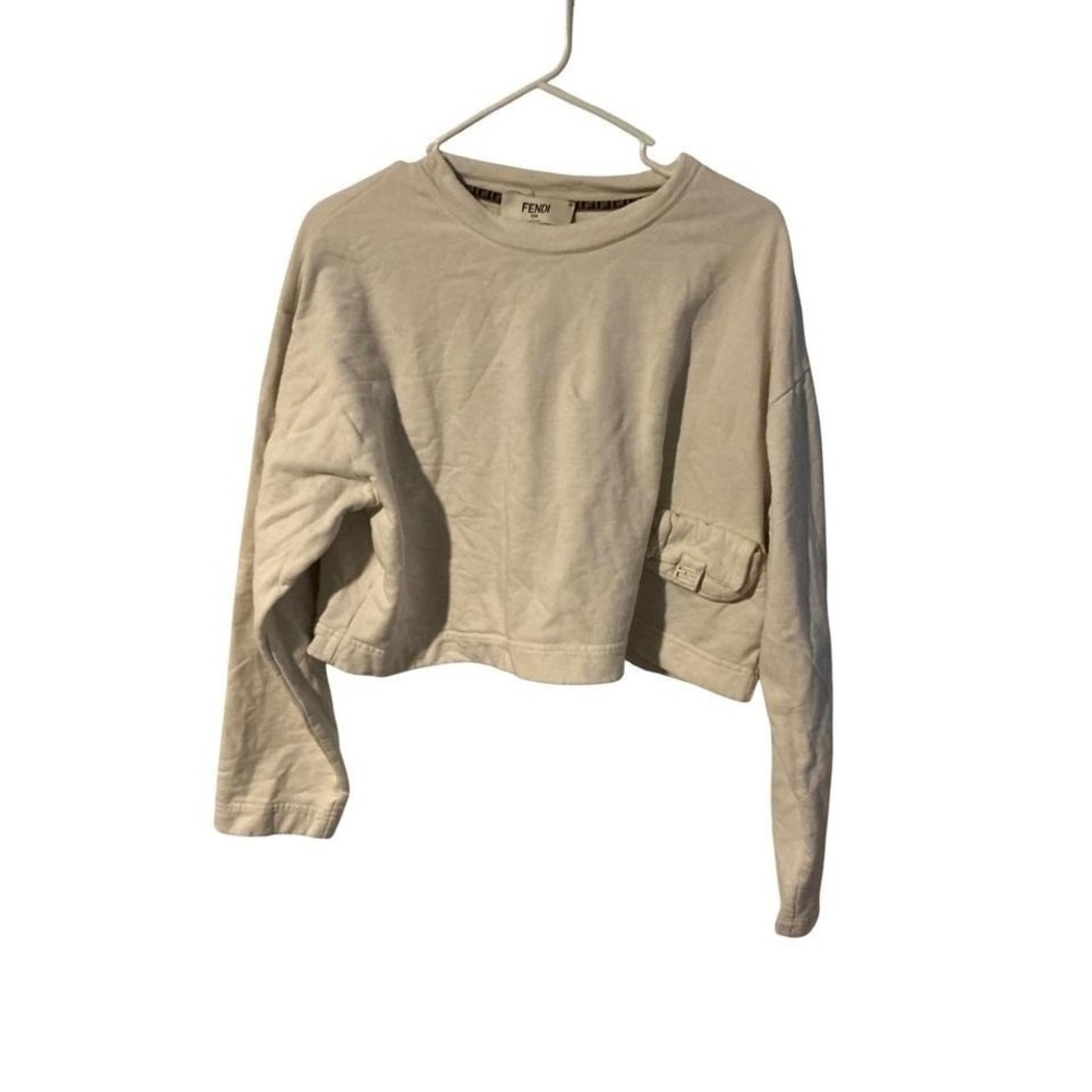 Fendi Roma Women‎ Cropped Sweatshirt Cream FF Logo Pocket FS7947 AMGY Large